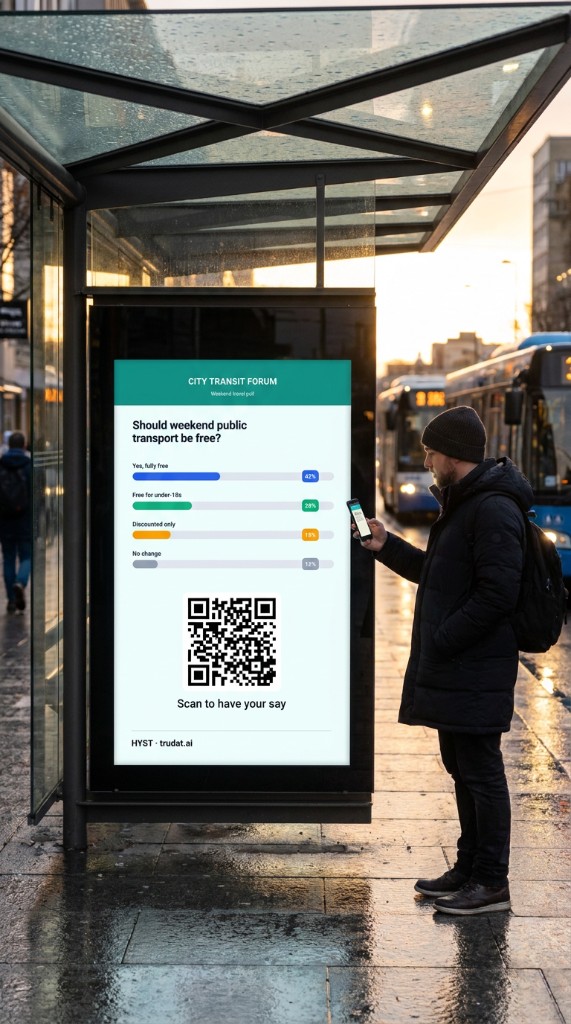 Digital shelter screen showing live poll results and a QR code at a bus stop