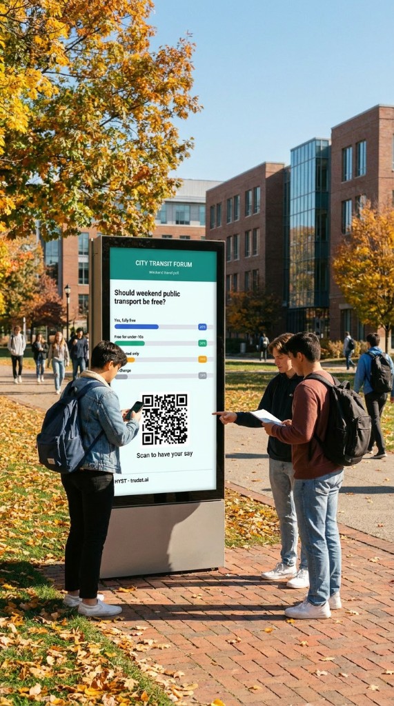 Students engaging with a HYST poll on a campus digital kiosk