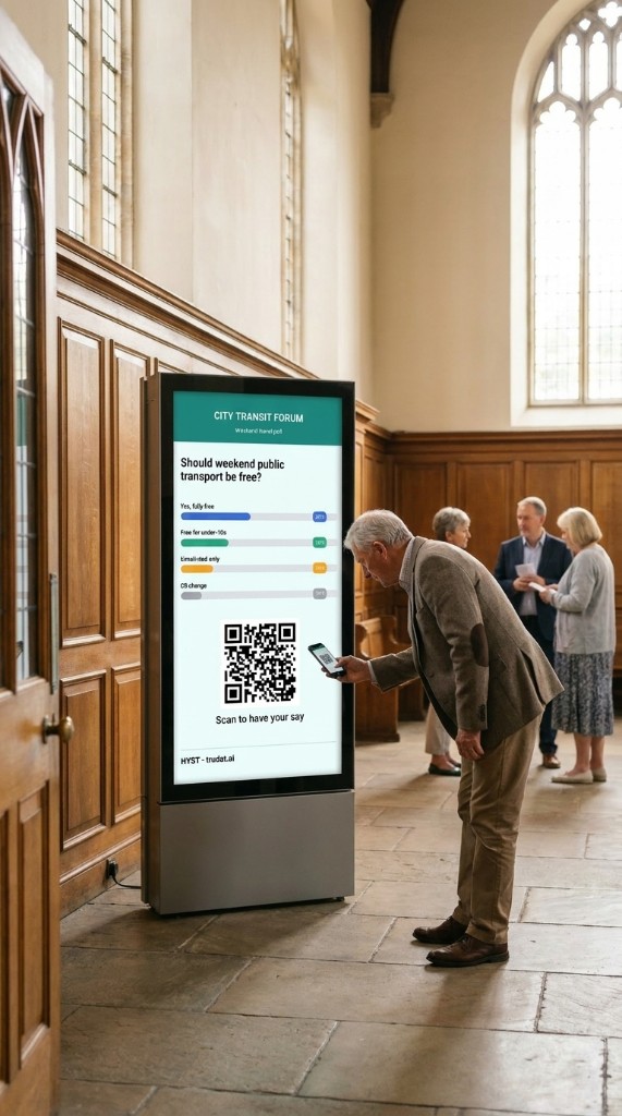 Visitor scanning a HYST poll on a kiosk in a wood-panelled community hall