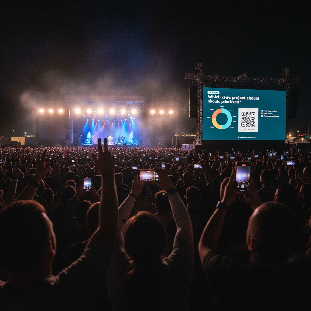 Large crowd at a concert venue with a HYST poll on a stage-side screen